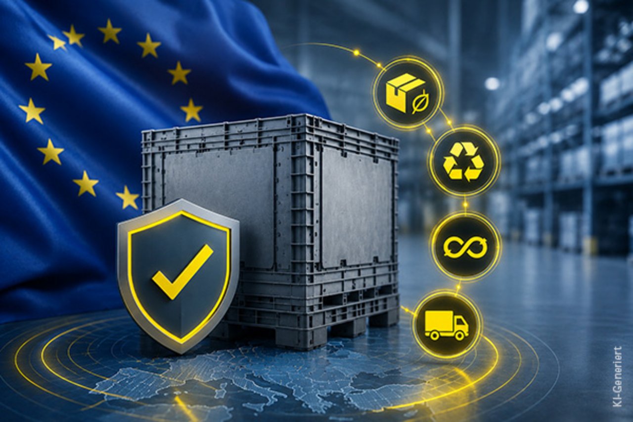 Europaflagge und Kiste mit Korrosionsschutzsymbolen